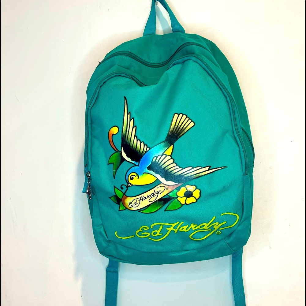 Stunning Vintage Ed Hardy by Christian Audigier aqua/teal backpack